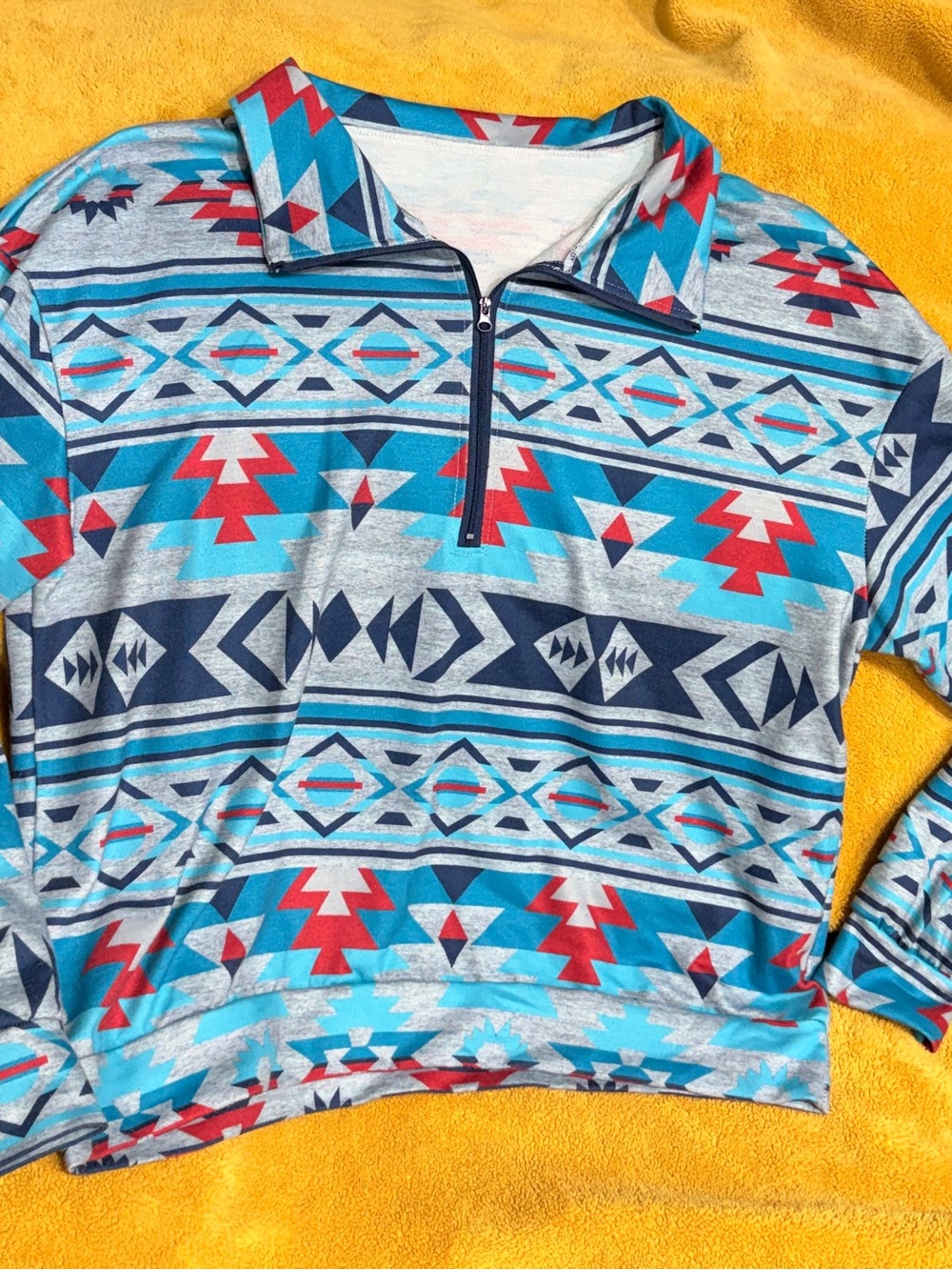SHEIN Turquoise Red Navy Aztec Quarter-Zip Pullover